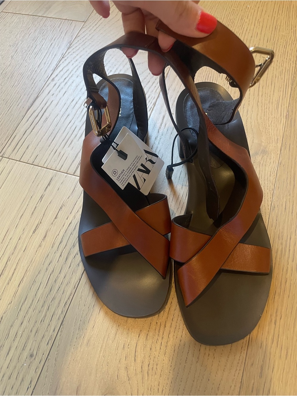 Zara Brown Leather Crisscross Ankle-Strap Sandals
